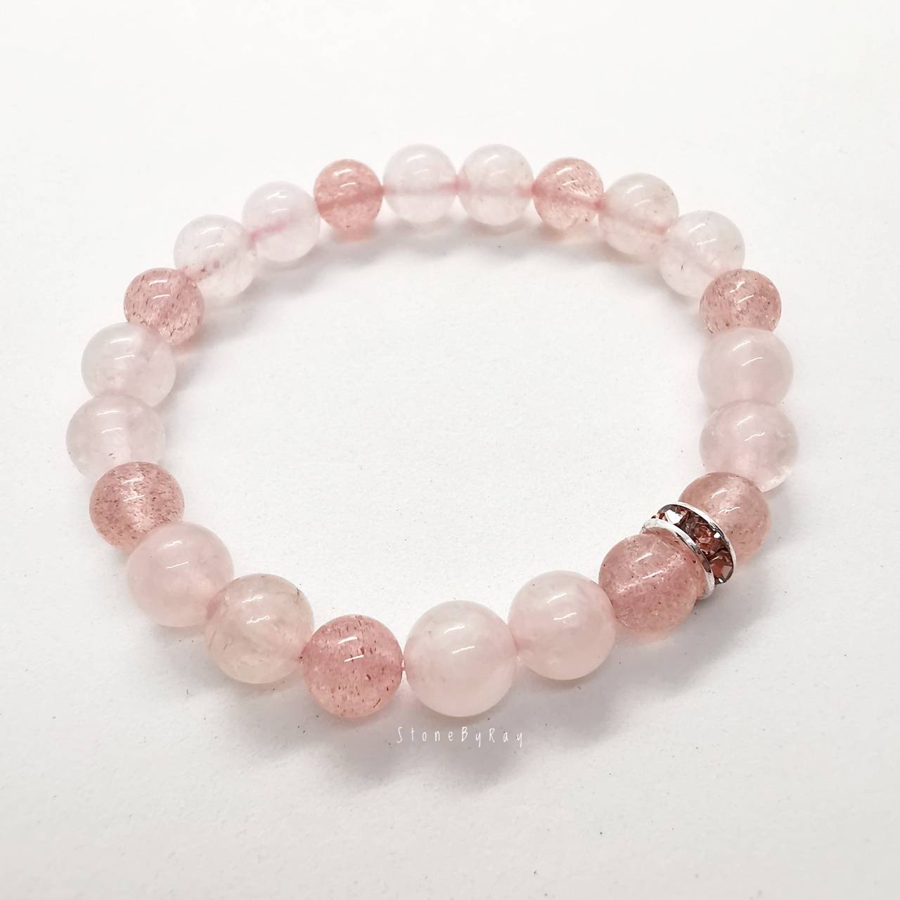 สร้อยข้อมือหินสตอเบอรี่ควอตซ์ร้อยกับหินโรสควอตซ์ Strawberry Quartz+Rose Quartz