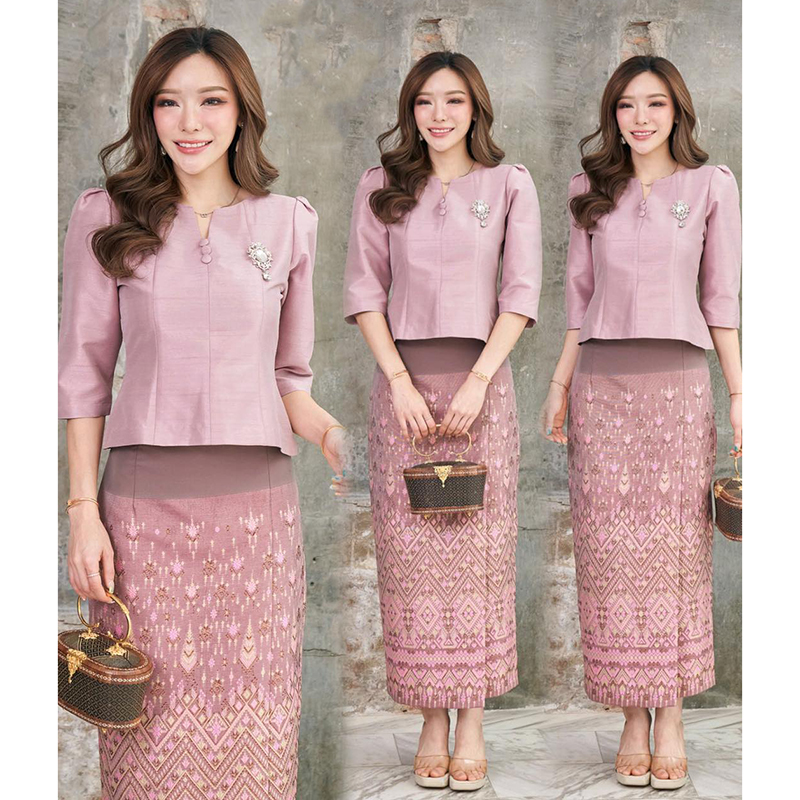 kudapy เซ็ท2ชิ้น เสื้อผ้าไหม+ผ้าถุงทอลายสีชมพูกะปิ ชุดไทยประยุกต์ไหมรังขาว ให้ลุคส์ เรียบหรู สง่างาม แต่งคู่กางเกงหรือผ้าถุง ก็เข้าลงตัว