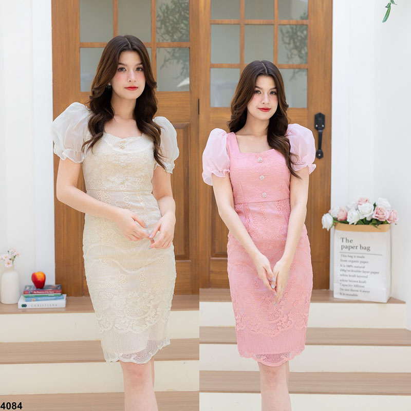 kudapy เดรสสั้นสีชมพู/สีขาว ออกงานแขนตุ๊กตา ลูกไม้สวยดูดี