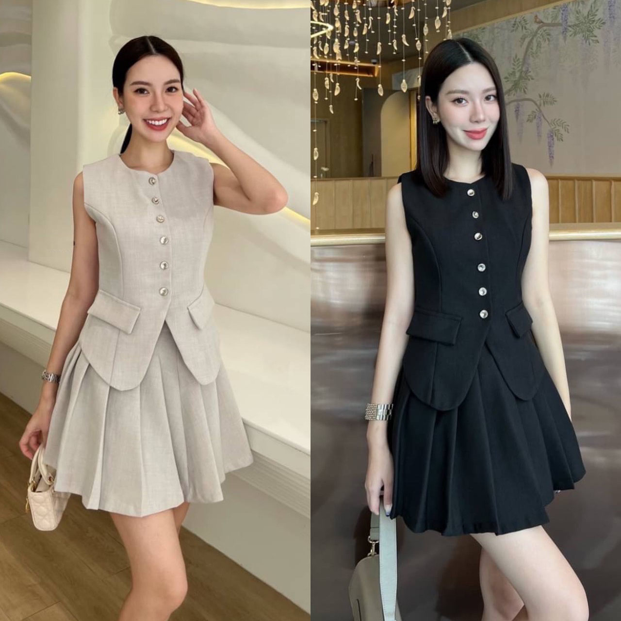 kudapy ชุดเซ็ทสีดำ/สีเทา/สีขียว/สีชมพู เสื้อแขนกุด+กระโปรง set เสื้อแขนกุด แต่งกระดุมจริงด้านหน้า