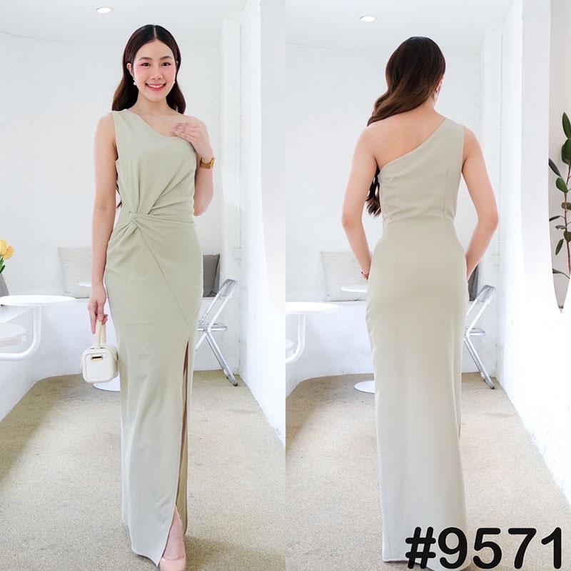 kudapy เดรสยาวสีแดงเบอร์กันดี,กรมท่า,ชมพู,ครีมนู้ด,เขียวพิตาชิโอ้,ส้มโอรส บ่าเดี่ยว จีบเอว กระโปรงผ่าหน้า