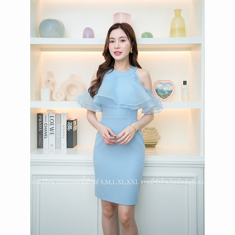 kudapy เดรสสั้นสีชมพู/สีกรม/สีฟ้า/สีโอวันติน มินิเดรสเว้าไหล่แต่งระบาย