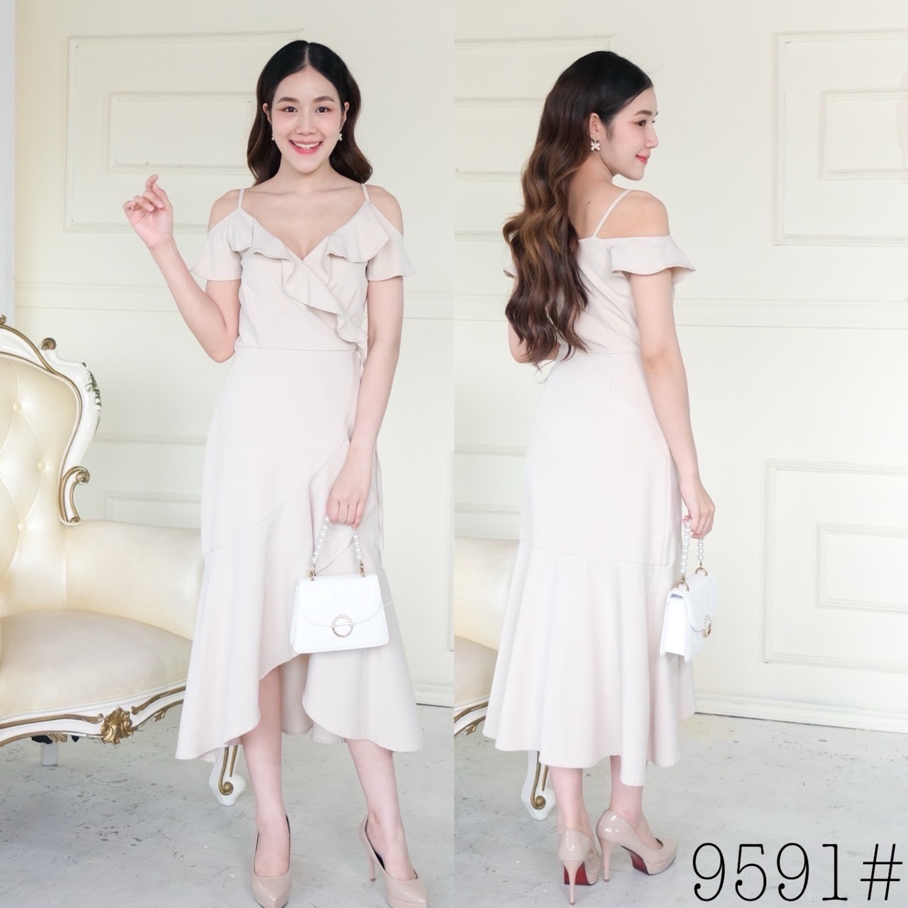 kudapy เดรสยาวสีชมพูตุ่น/สีเขียวมิ้ท์/สีน้ำเงิน/สีชาไทย/สีครีมเบล/สีชมพูเข้ม ผ้าเครปหนา สายเดี่ยวแต่งระบายช่วงแขน กระโปรงหางปลา