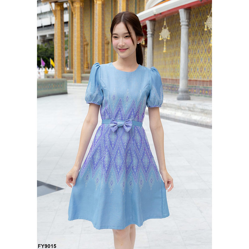 kudapy เดรสสั้นสีฟ้า/สีส้ม ผ้าทอทรงบ้านโบว์หน้า ลายไทย ใส่ออกงาน สวยดูดี