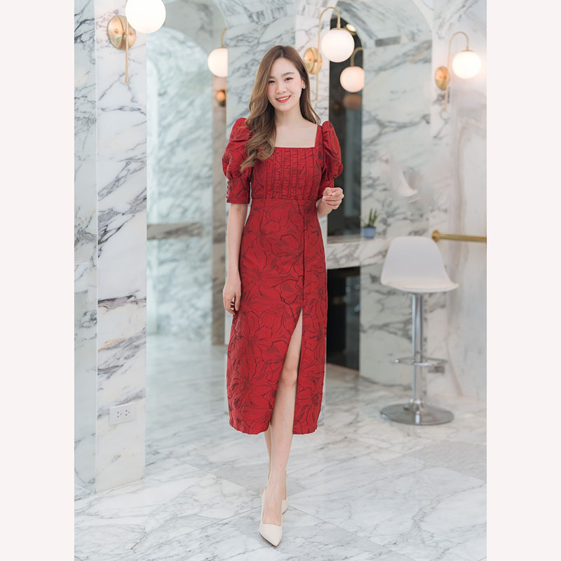 kudapy เดรสยาวสีชมพู/สีแดง/สีเหลือง ผ่าหน้าแขนตุ๊กตา สวยดูดีใส่สบาย