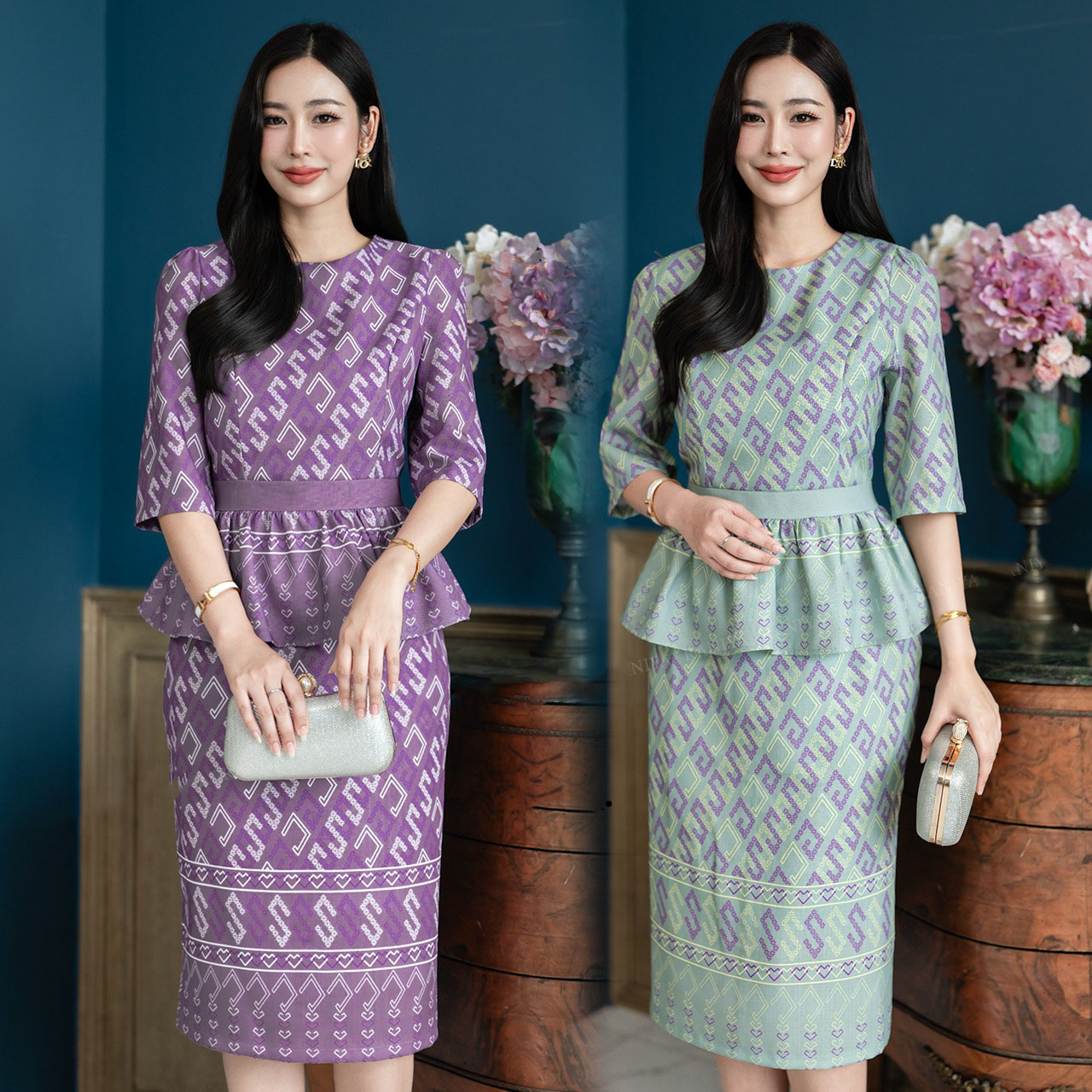 kudapy Set 2 ชิ้น ผ้าโพลีเอสเตอร์แบบทอ งานพิมพ์ลาย ตัวเสื้อคอกลม จับจีบช่วงเอวช่วยอำพรางหุ่น วกระโปรงผ่าหลังเล็กน้อย