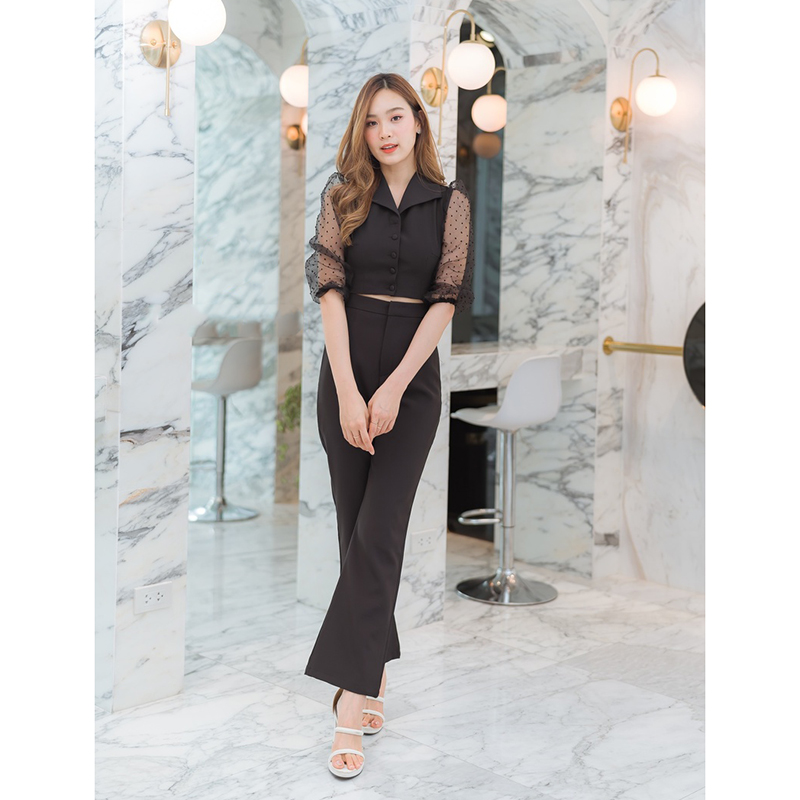 kudapy ชุดเซทเสื้อแขนยาวชีฟองสีดำ/สีครีม เข้าชุดกับการเกงขายาว ใส่สวยดูดี