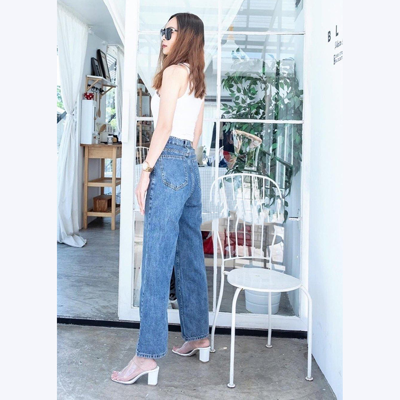 kudapy กางเกงยีนส์ขายาวเอวสูงแต่งกระดุมคู่ ทรงขากระบอกดูวินเทจสุดๆ ผ้าใส่สบายมาก