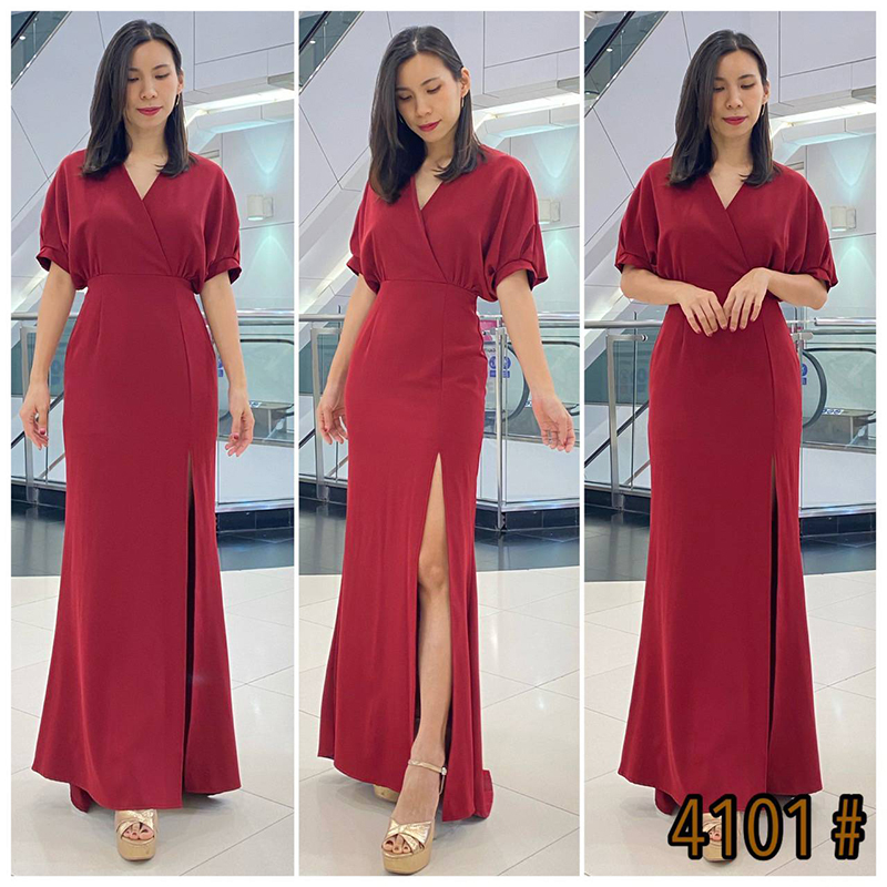 kudapy เดรสยาวสีครีม/ชมพูนุ๊ด/ชมพูพีช/แดงเข้ม/กรม แขนสามส่วน อกไขว้ ช่วงบนเย็บกระทุ้งข้างเอว เข้ารูปแต่ไม่รัดทรง กระโปรงหางปลา