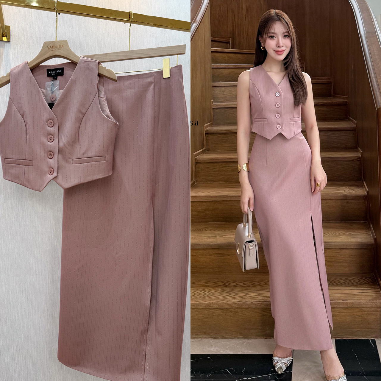 kudapy ชุดเซ็ทสีชมพูกะปิ/สีชมพูนู้ด/สีครีม ลายริ้วเสื้อแขนกุด+กระโปรงยาวผ่าหน้า สวยเกร๋มาก