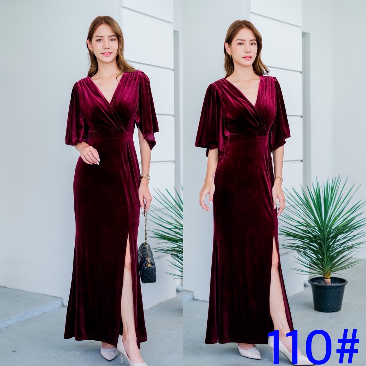 kudapy Maxi เดรสยาวสีดำ/สีแดงเบอกันดี/สีน้ำเงิน กำมะหยี่ นิ่มเนื้อหนา ดีเทลคอวี แขนระฆัง