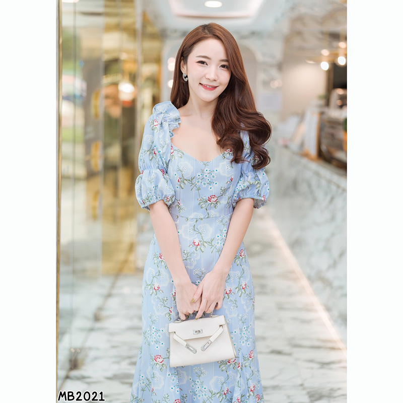 kudapy เดรสยาวสีฟ้า คอกว้างแขนตุ๊กตาสวยใส่สบายดูดี