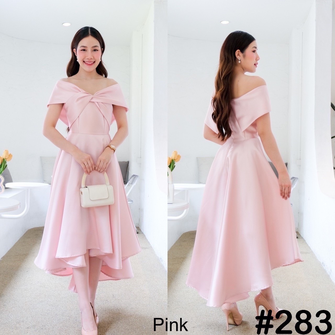 kudapy เดรสหน้าสั้นหลังยาวสีเขียว ทอง เทา ชม กรม แดง โรสโกล ขาว เปิดบ่าTwistอกใหญ่ ปิดพรางซ้อนแขน แบบอลังๆ แต่ไม่เวอร์วัง กระโปรงทรงหน้าสั้นหลังยาว