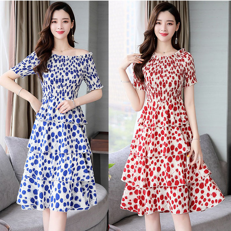 kudapy ชุดเดรสสั้นสีแดง,สีน้ำเงิน ใส่ทำงาน ผ้าโพลีเอสเตอร์ผสมพื้นสีครีม