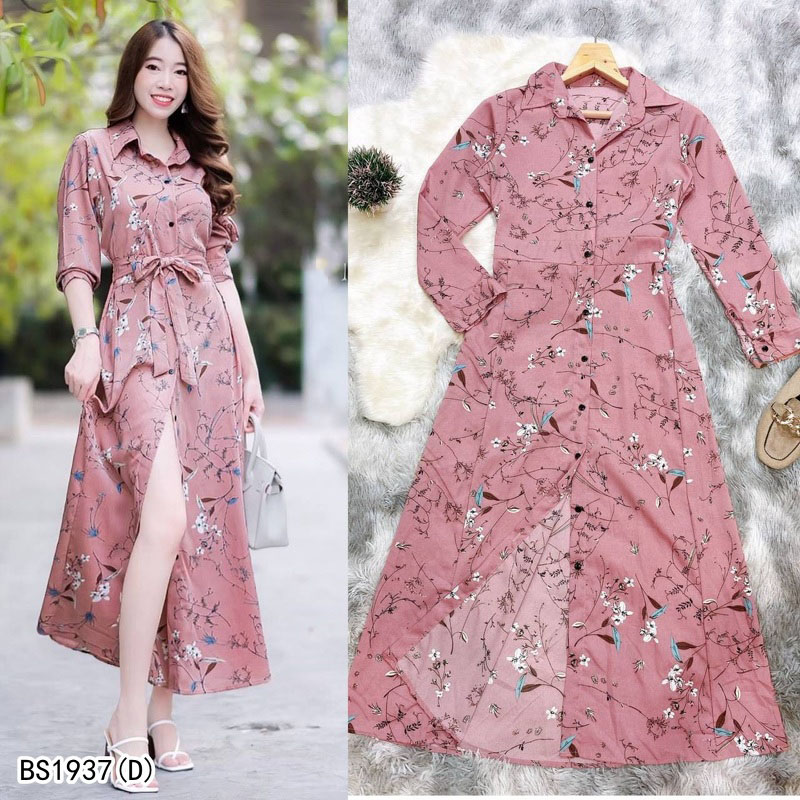 kudapyเดรสยาวสีชมพู/นา้ำตาล/เหลือง/กรม เชิ้ตแขนยาว ลายดอก งานเชิ้ตแต่งคอปกกระดุมช่วงหน้ายาว