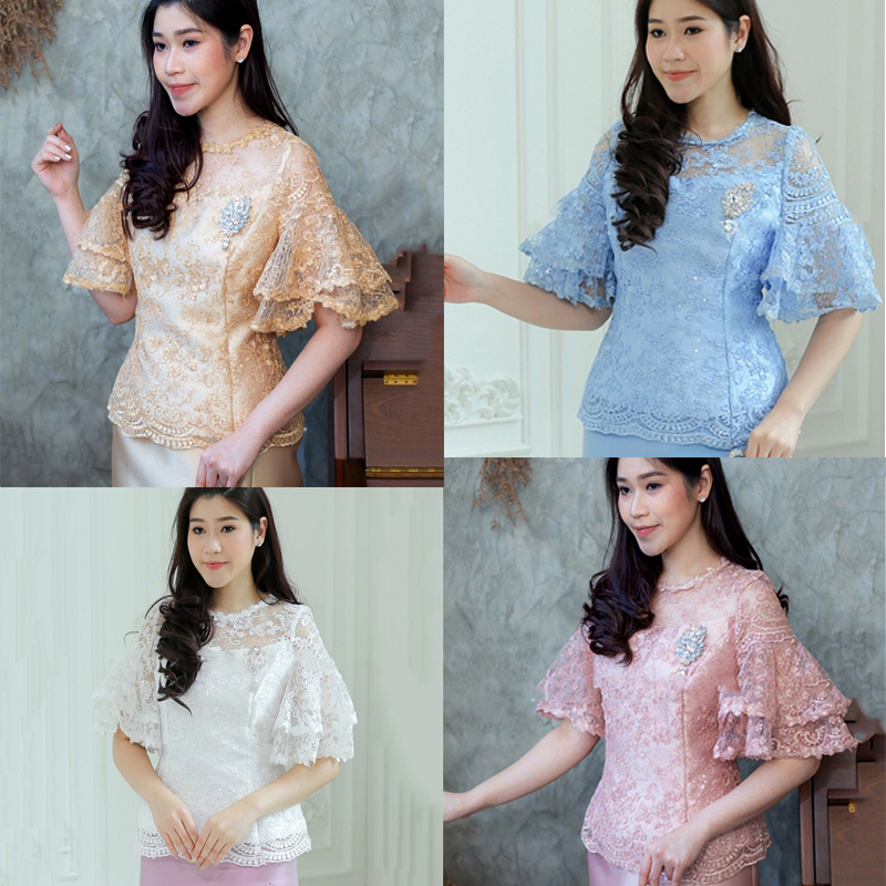 kudapy เสื้อลุกไม้คอกลม แขนสั้ยแต่งระบาย สีฟ้า/สีชมพู/สีทอง ผ้าลูกไม้ปักเลื่อม