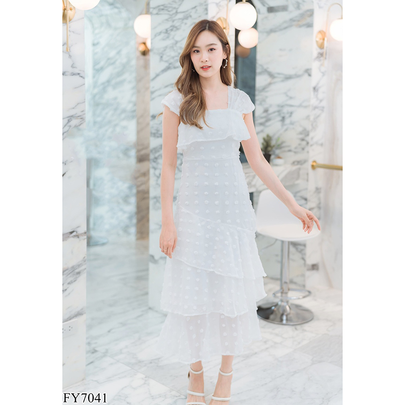 kudapy เดรสยาวสีชมพู/สีขาว/สีเขียว ชีฟองจุดอกระบาย