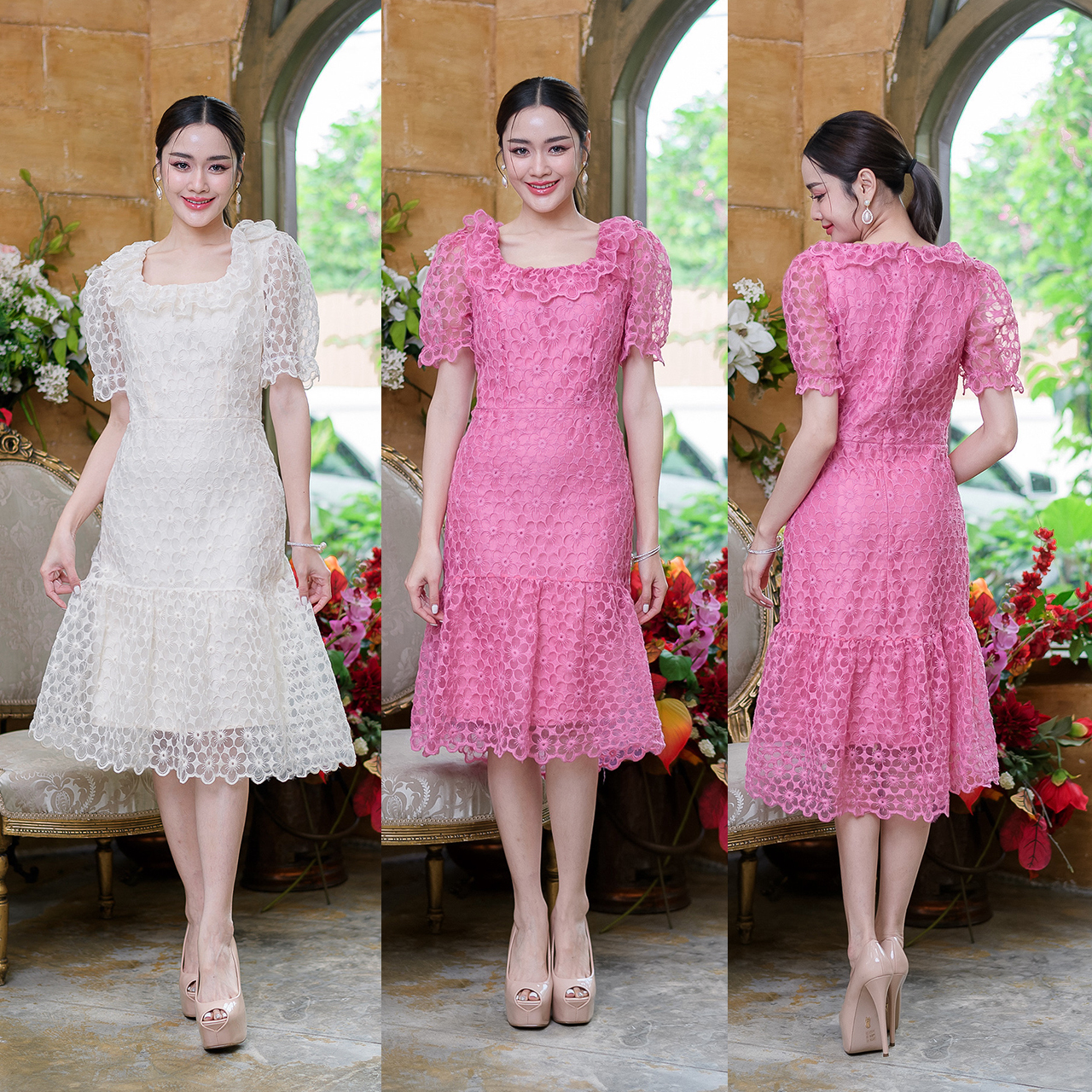kudapy เดรสสั้นสีขาว/สีชมพู เป็นผ้าแก้วปักลูกไม้ลายดอกไม้สวยหวาน กระโปรงระบาย แขนตุ๊กตา รอบคอตกแต่งระบายสวยหวาน