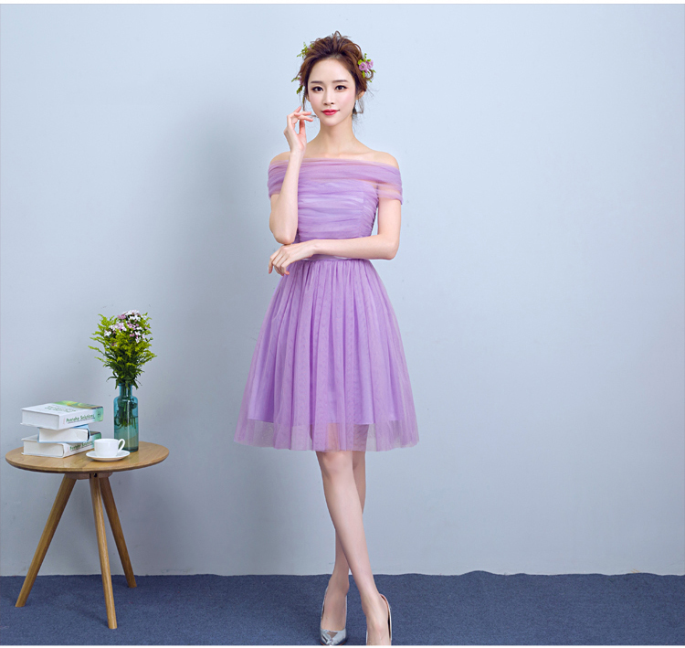 kudapy ชุดเดรสสั้นปาดไหล่ สีม่วง/สีครีม ชุดไปงานแต่ง เดรสเกาะอก ทรงเข้ารูป สม็อคหลังยืดได้ตามตัว