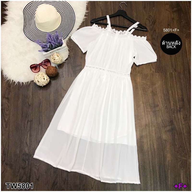 kudapy เดรสตัวยาวสีขาว ชมพู ดำ แดง เหลือง สายเดี่ยว2เส้น ดีไซน์ปาดไหล่ ผ้าชีฟอง ปาดไหล่ลูกไม้ถักทออย่างละเอียด