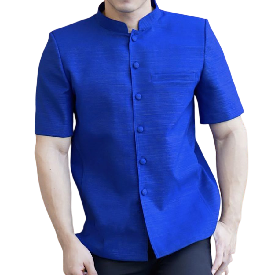 kudapy เสื้อผ้าไหมคอพระราชทานสีกรมท่า,สีชมพูกะปิ,สีน้ำเงิน,สีขาว เสื้อผ้าไทยผู้ชาย คอพระราชทาน ผ่าหน้า แขนสั้น มีกระเป๋าด้านซ้ายบน (อัดผ้ากาว มีฟองน้ำเสริมไหล่)