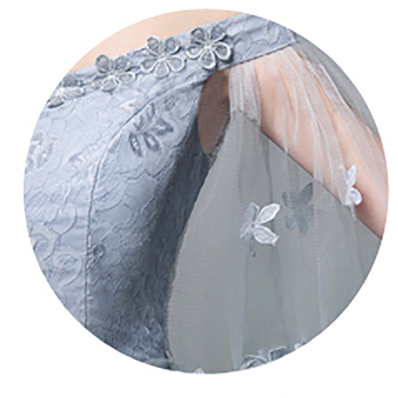 kudapy ชุดราตรีสั้นสีเทาปาดไหล่ ชุดไปงานแต่งงาน ช่วงบนเป็นผ้าลูกไม้ซีทรูห้อยสวยงาม