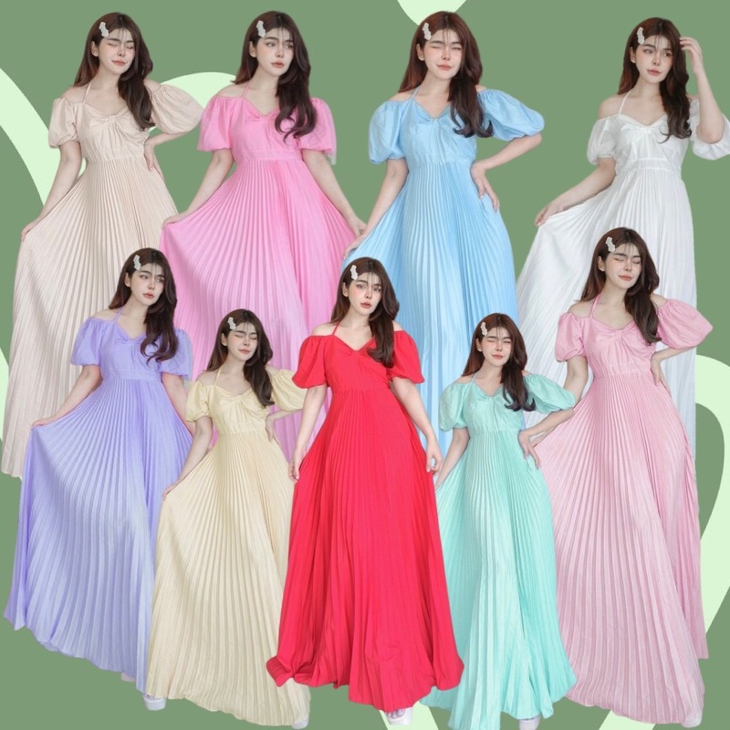 kudapy เดรสยาวแขนพอง สายผูกคอ กระโปรงอัดพลีท เดรสไปทะเลพริ้วๆ