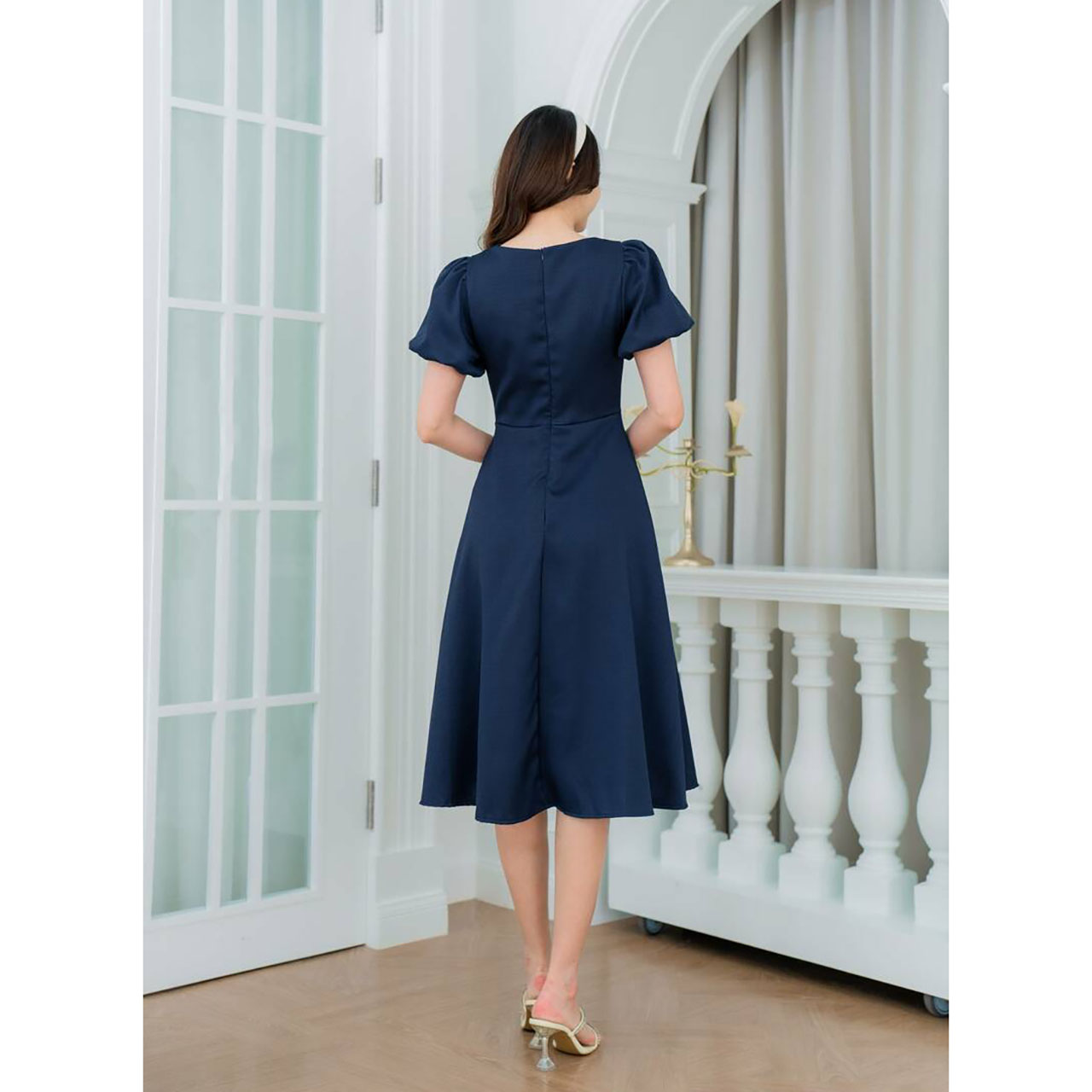 kudapy เดรสสั้นสีเหลือง/สีฟ้า/สีกรม แขนตุ๊กตากระโปรงบาน