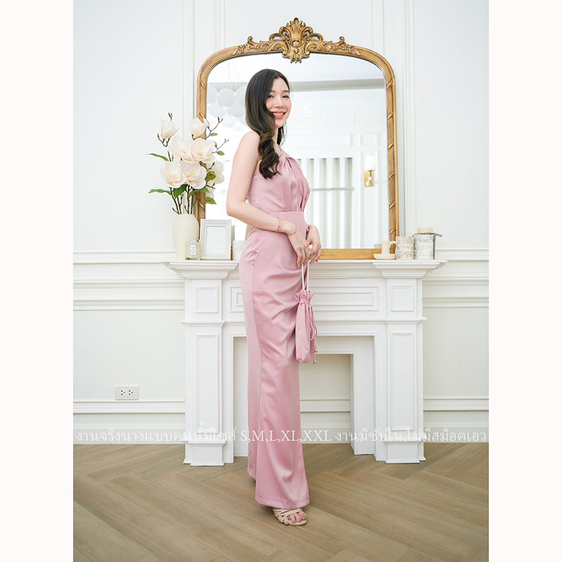 kudapy เดรสยาวสีชมพู/สีนู้ด/สีแดงเลือดหมู คล้องคอสายเพชร ผ้าเครปซาตินซับในทั้งชุด ชุดราตรีพรีเมี่ยม