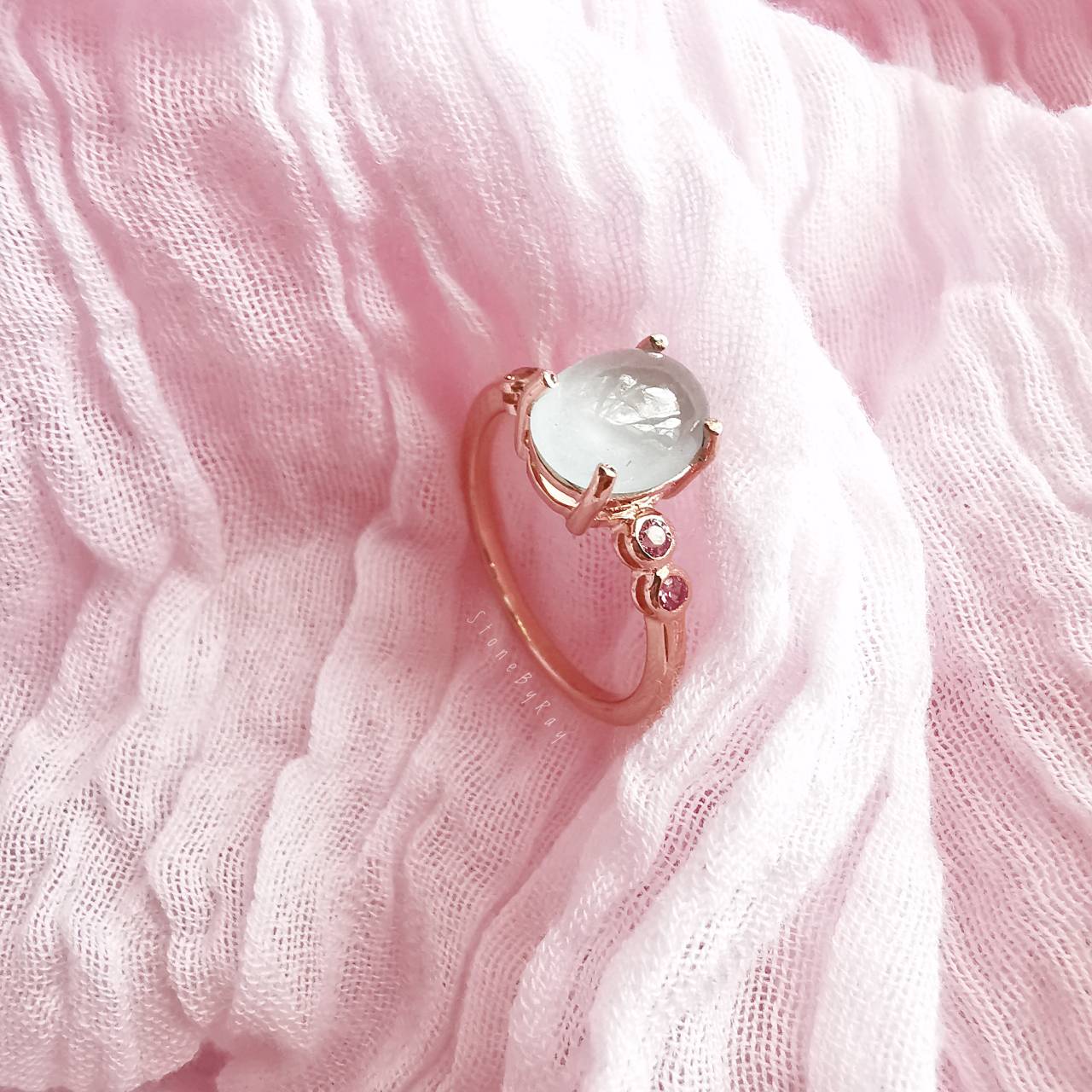แหวนเงินชุบพิ้งโกลด์พลอยอความารีน+พิ้งแซฟไฟร์ Aquamarine+Pink Sapphire