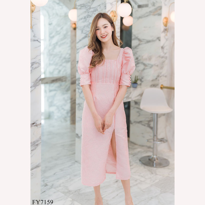 kudapy เดรสยาวสีชมพู/สีแดง/สีเหลือง ผ่าหน้าแขนตุ๊กตา สวยดูดีใส่สบาย