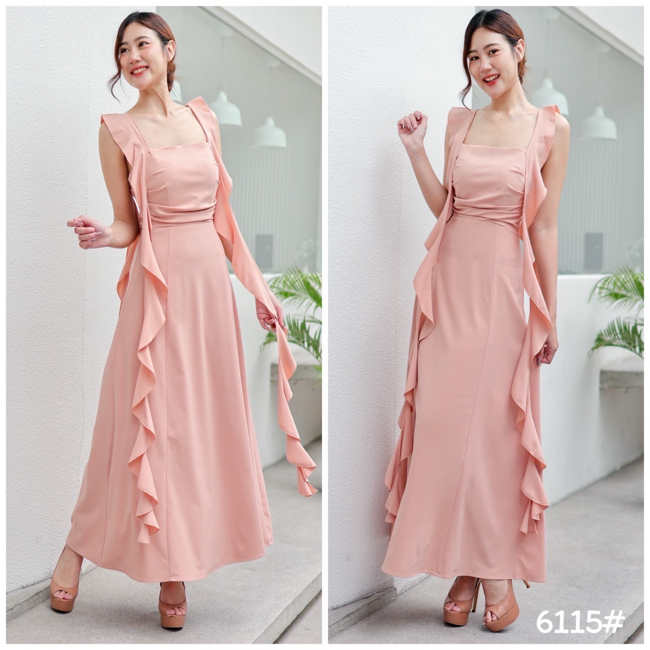 kudapy เดรสยาวสายเดี่ยว ระบายริ้บบิ้นเกลียว เข้ารูปเอวสับ กระโปรงบานสวย เนื้อผ้าชีฟองหนา มีซับในทั้งตัว