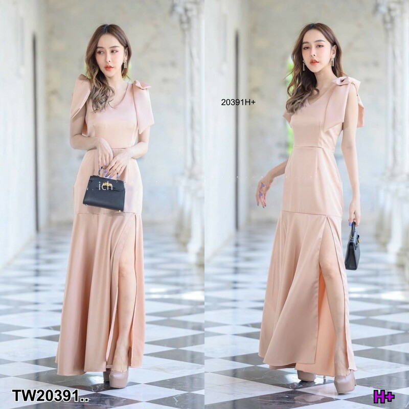 kudapy แม็กซี่เดรสสีกรมท่า/สีครีมสีชมพ/สีส้มอิฐ/สีแดง โบว์ไหล่ ยาวระบายชาย งานซิปหลัง ชุดออกงาน ชุดเพื่อนเจ้าสาว