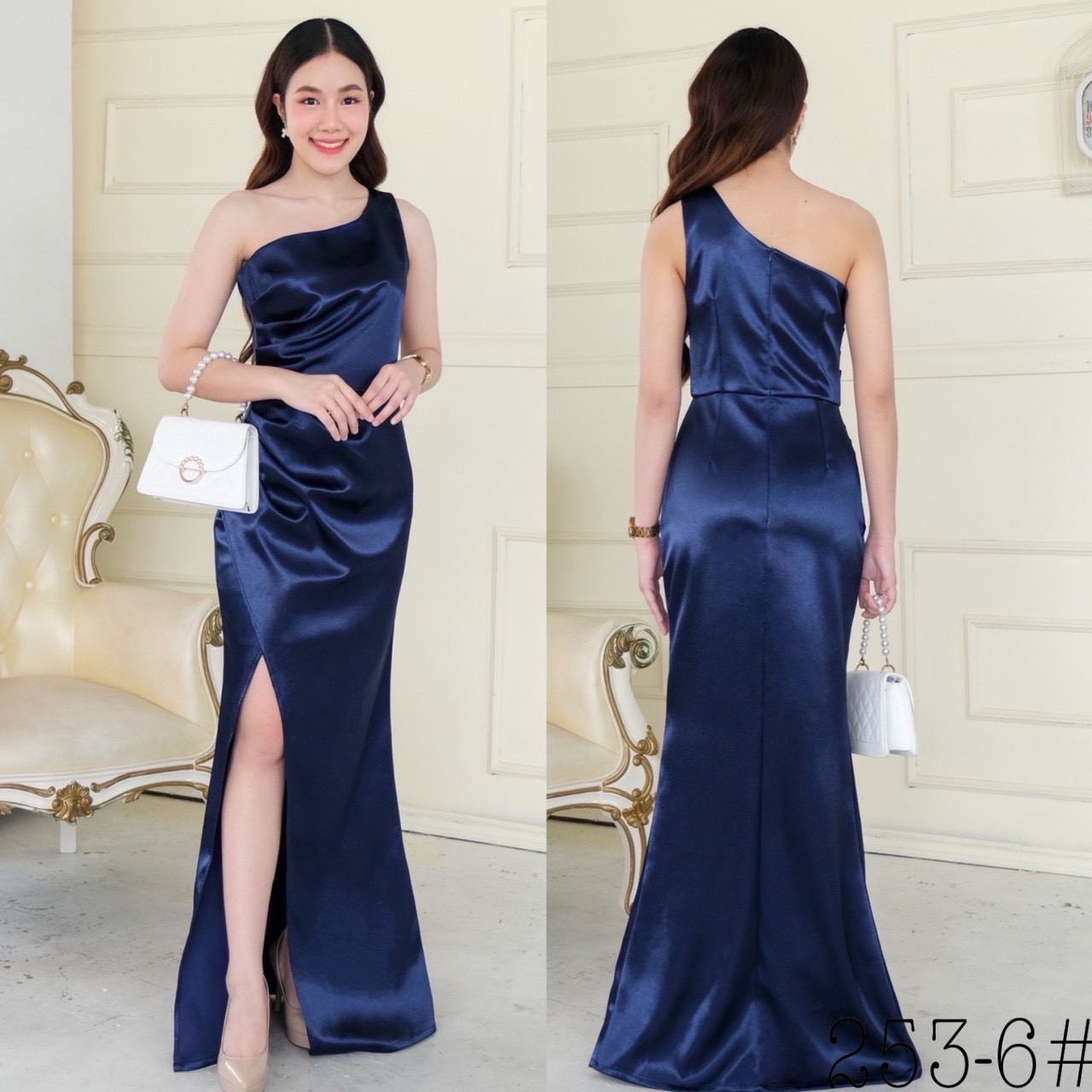 kudapy เดรสยาว บ่าเดี่ยวจับจีบช่วงเอว ผ่ากระโปรงสาบทบหน้า ผ่าข้างเดินโชว์ขา