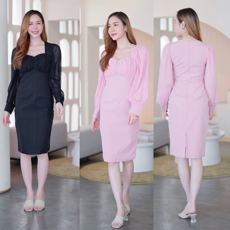 kudapy เดรสสั้นสีชมพู/สีดำ คอหัวใจแขนยาว ใส่สบายสวยดูดีออกงานสวยสุดๆ