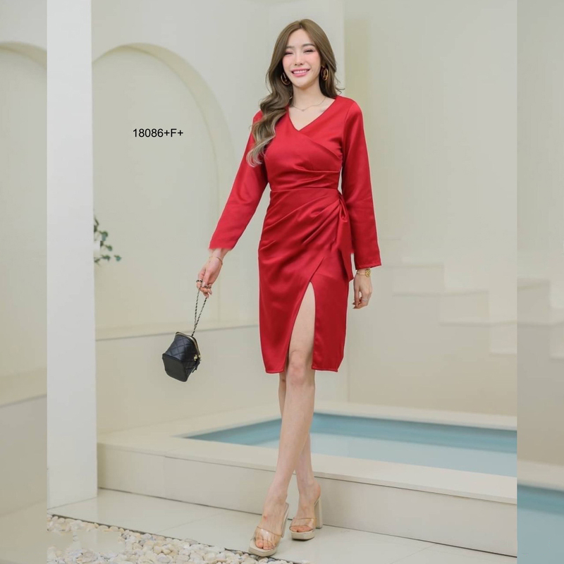 kudapy เดรสแขนยาวสีพื้น แต่งจีบ ผ่าหน้า ชุดออกงาน ชุดเพื่อนเจ้าสาว เดรสงานแต่ง ใส่ไปเที่ยวสวยดูดี