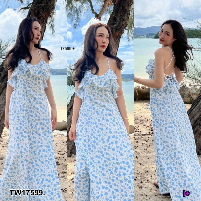 kudapy แม็กซี่เดรสไปทะเล เดรสสายเดี่ยวสานหลัง อกระบาย ลายดอกไม้ สีเขียว สีขาว