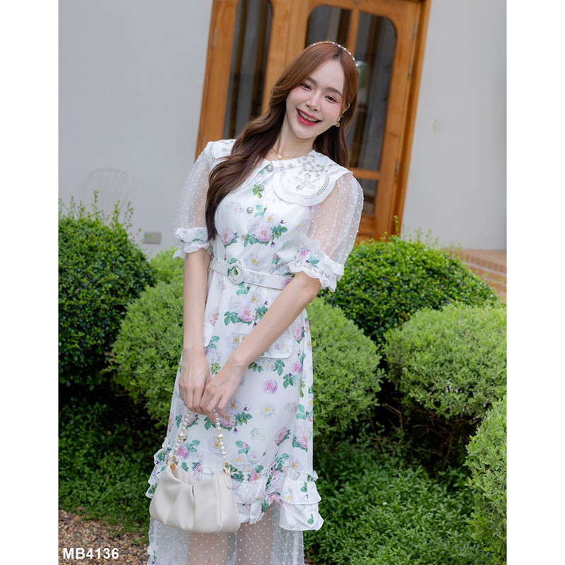 kudapy เดรสยาวสีขาว แต่งแขน+ชายกระโปรงชีฟอง ใส่เที่ยวสวยดูดี