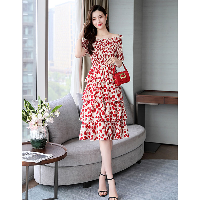 kudapy ชุดเดรสสั้นสีแดง,สีน้ำเงิน ใส่ทำงาน ผ้าโพลีเอสเตอร์ผสมพื้นสีครีม