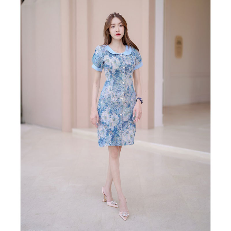 kudapy เดรสสั้นสีแดง/สีฟ้า คอบัวลูกไม้ผ้าทอ