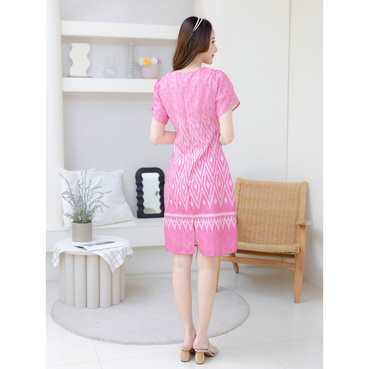 kudapy เดรสสั้นสีชมพู/สีฟ้า/สีม่วง ผ้าไทยพิมพ์ลายทอ ใส่ออกงานสวยดูดี