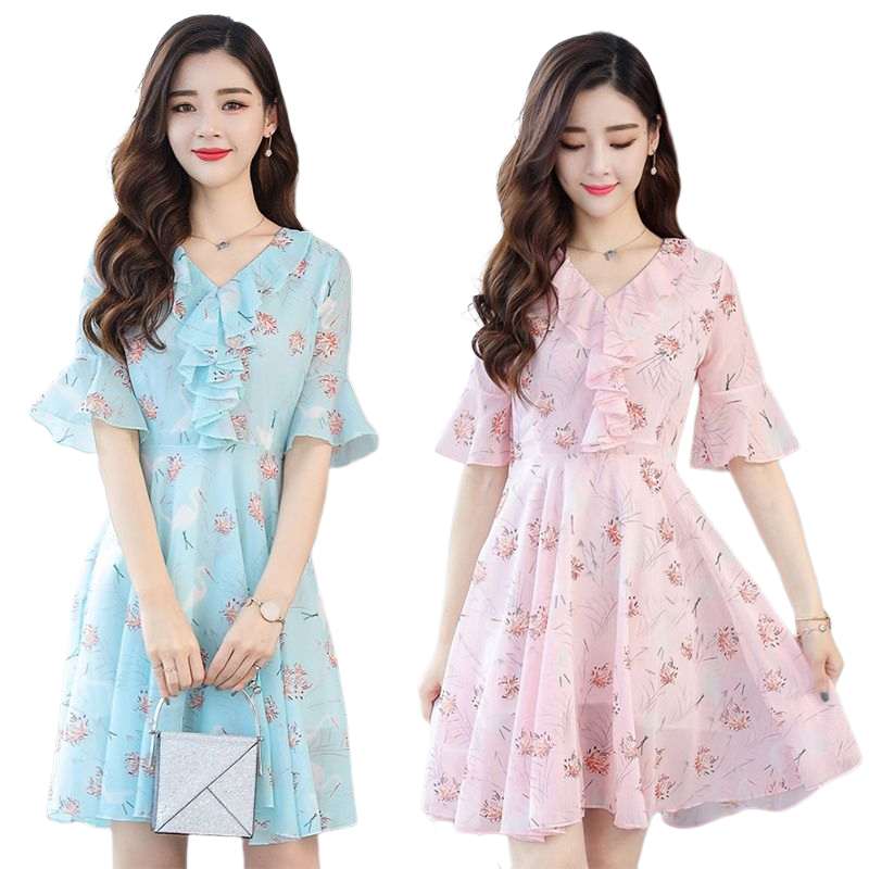 kudapy เดรสสั้นผ้าชีฟองคอวีสีฟ้า/สีชมพู แขนกระดิ่ง ผ้าทิ้งตัว มีซับในใส่สบายมากค่ะ