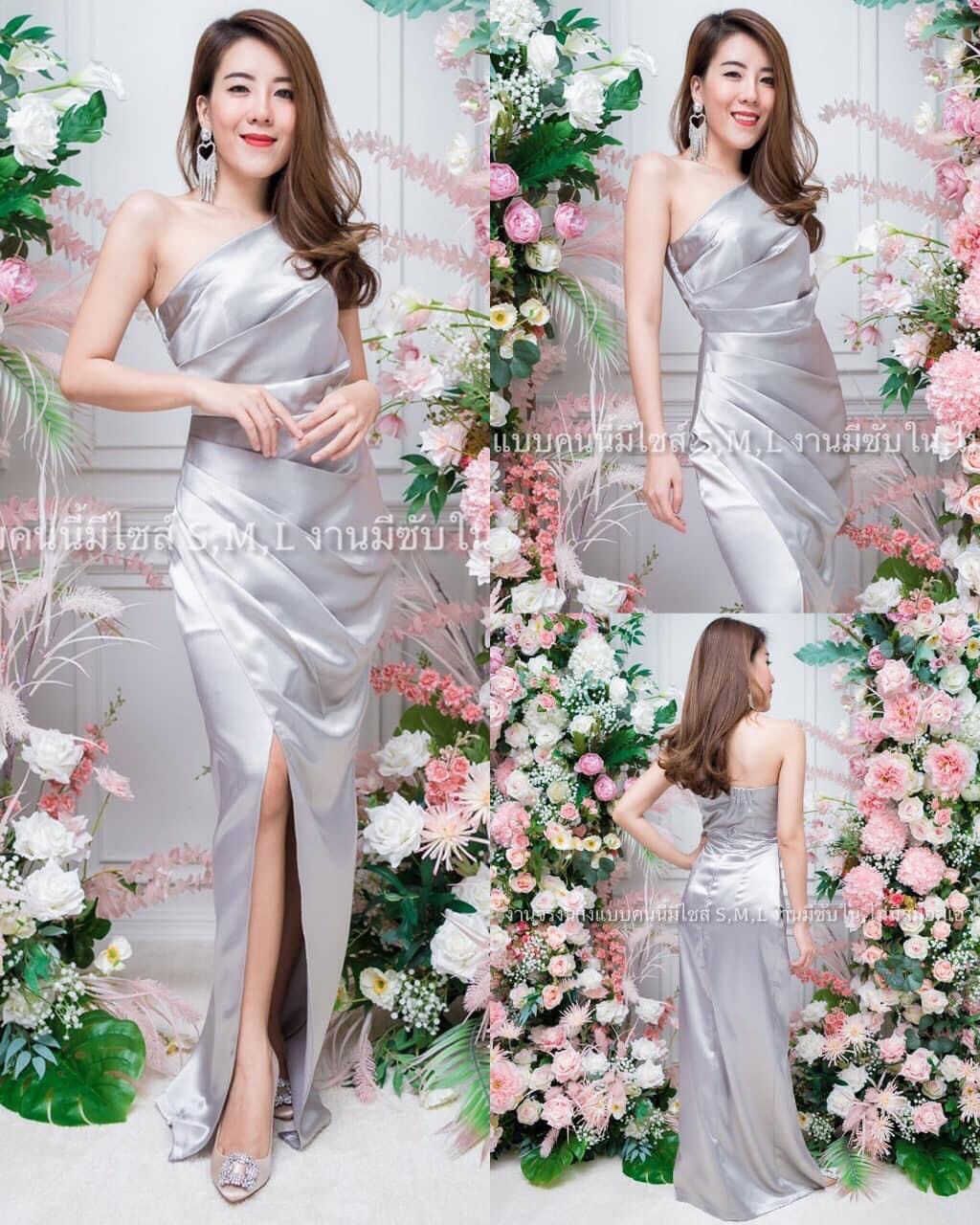 kudapy ชุดราตรียาวไหล่เฉียง เอวจีบข้าง กป.ยาว ผ้าเปเป้ไม่ยืด สีเขียวมิ้นท์ ,ฟ้า ,โอรส ,กรมท่า