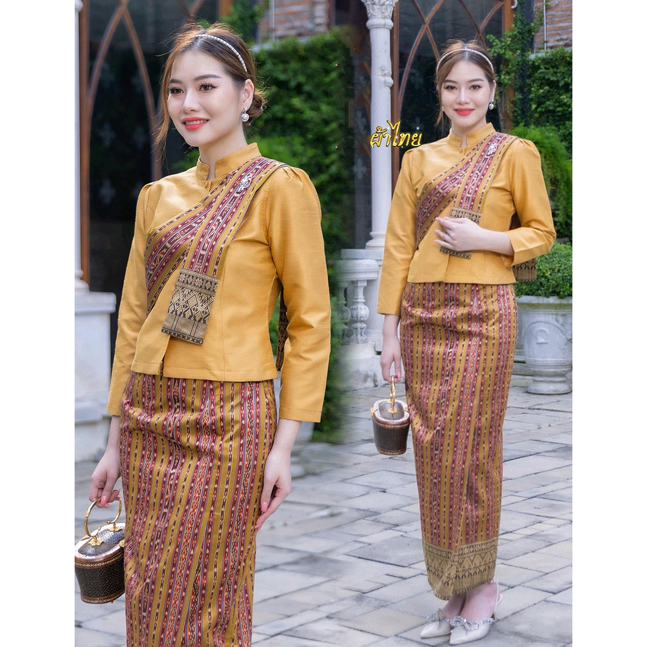 kudapy ชุดเซ็ทเสื้อผ้าไหมแพรทิพย์เกรดพรีเมี่ยมอัดกาวอย่างดี ผ้าถุงเย็บสำเร็จทอลายอัดกาว ตะขอซิปหลัง