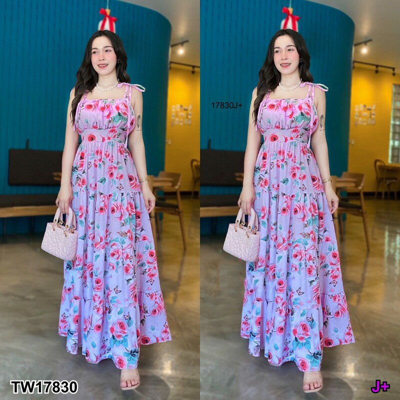 kudapy Maxi dress ลายดอกกุหลาบ เดรสยาวผูกไหล่ แต่งย่นช่วงหน้าอก ด้านหลังสม๊อค