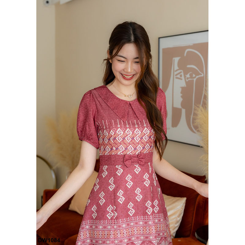 kudapy เดรสสั้นสีขาว/สีเหลือง/สีม่วงอมชมพู/สีแดง ผ้าไทยทรงบานโบว์เอว