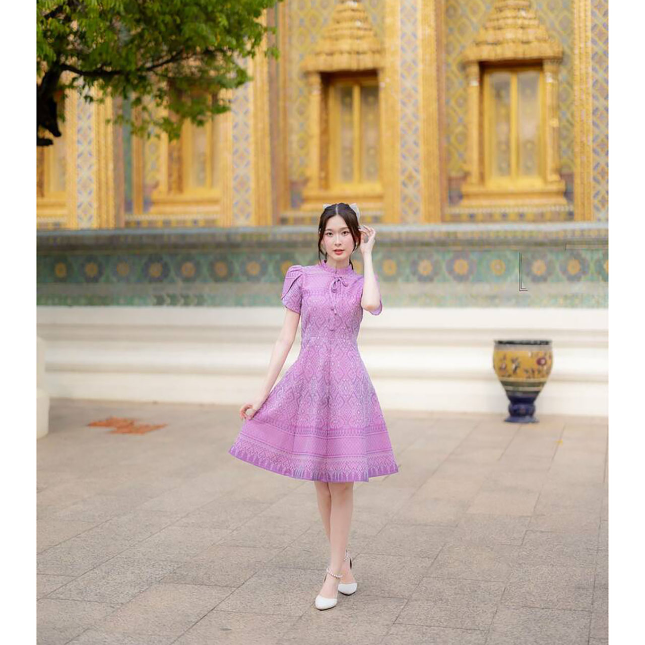 kudapy เดรสสั้นสีม่วง/สีเทา/สีเหลือง เดรสไทยทรงบานแขนกลีบบัว