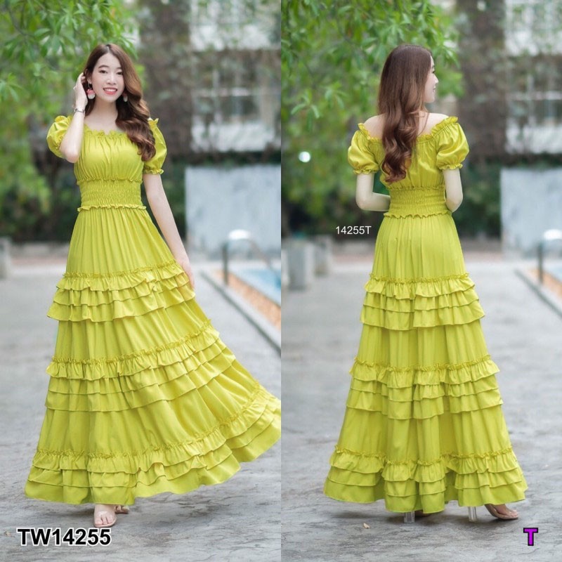 kudapy เดรสยาวสี ขาว ชมพู เหลือง แดง โอรส เปิดไหล่ แขนตุ๊กตา เอวสม็อกรอบ แต่งระบายชั้นๆ ทรงสวยบางระบายเข้ารูป