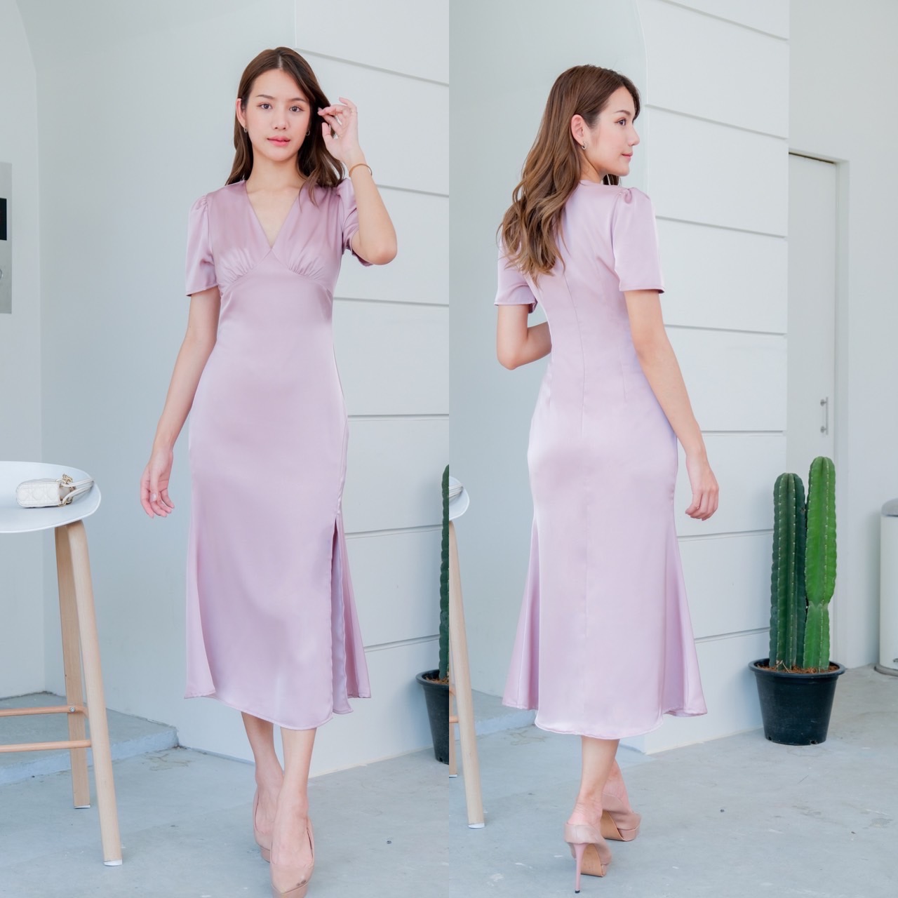 kudapy เดรสยาวสีชมพู ครีมแชมเปญ นำ้ตาล กรมท่า เหลืองมะนาว แขนสั้น เครปซาติน คอวี จีบใต้อก ตีเกร็ดเอว กระโปรงทรงทรงเอ