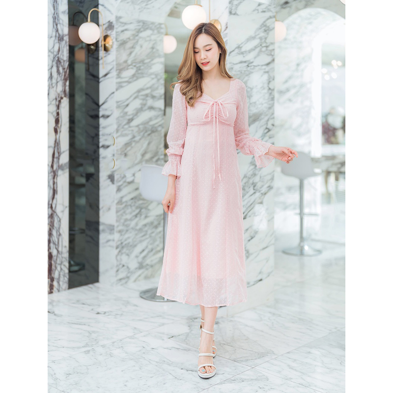 kudapy เดรสยาวสีกรม/สีขาว/สีชมพู แขนยาวลูกไม้ซีทรู สวยดูดีใส่สบายตัว